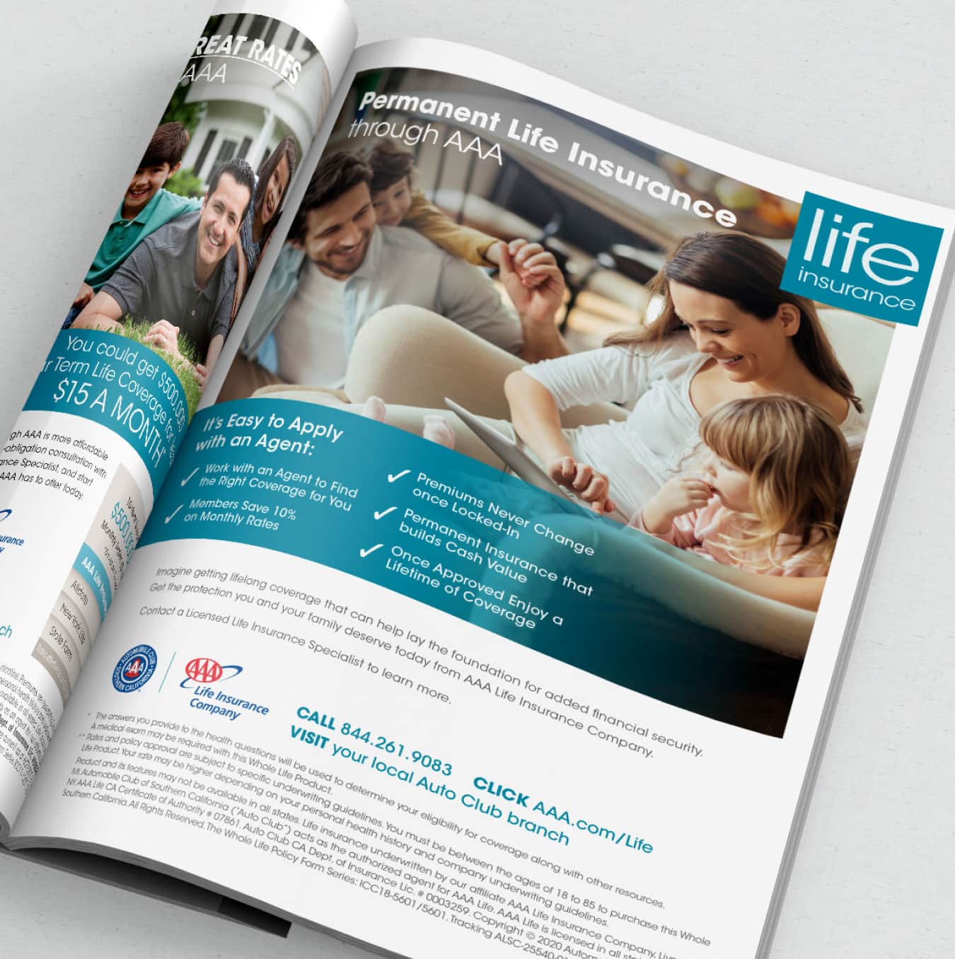 A magazine spread open to an advertisement for permanent life insurance through AAA, showing images of a happy family and providing contact information and pricing details.
