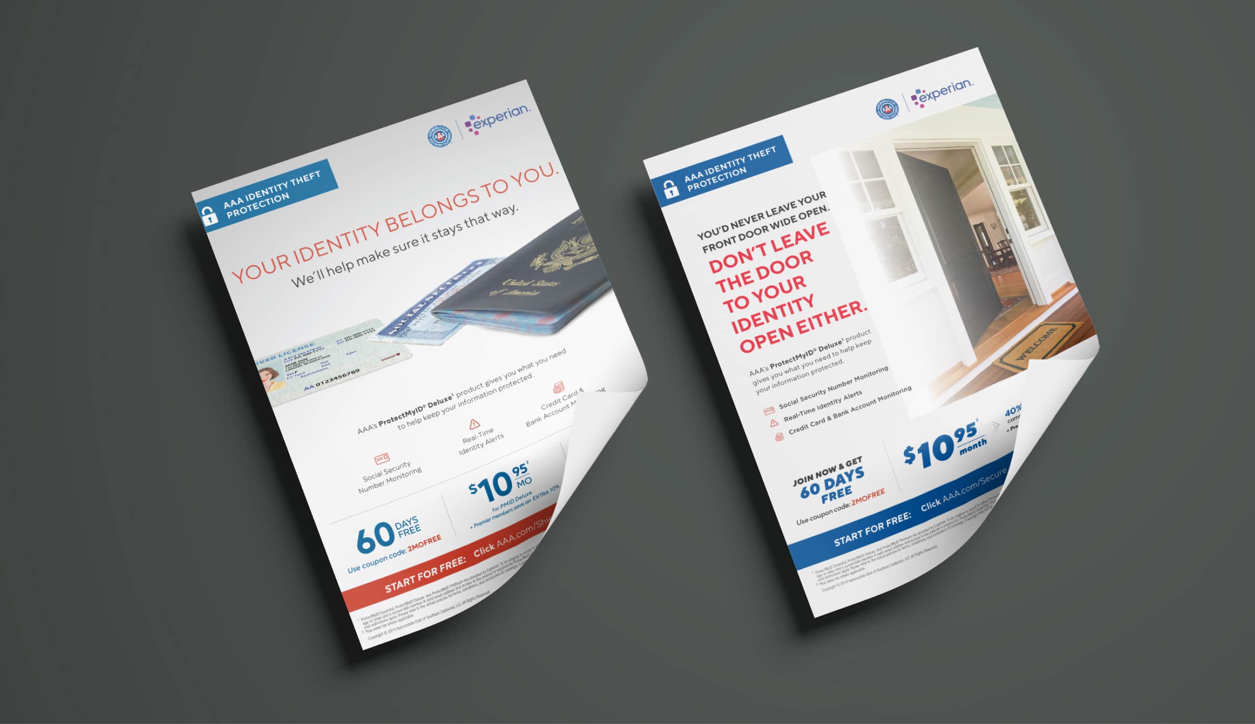 A tri-fold brochure for identity protection services, lying flat, displaying the headline 'Your identity belongs to you' with informational content and pricing below. There is also an angled view of a tri-fold brochure for identity protection services, partially open, featuring a home's interior on the cover with the tagline 'Don't leave your identity open to theft'.