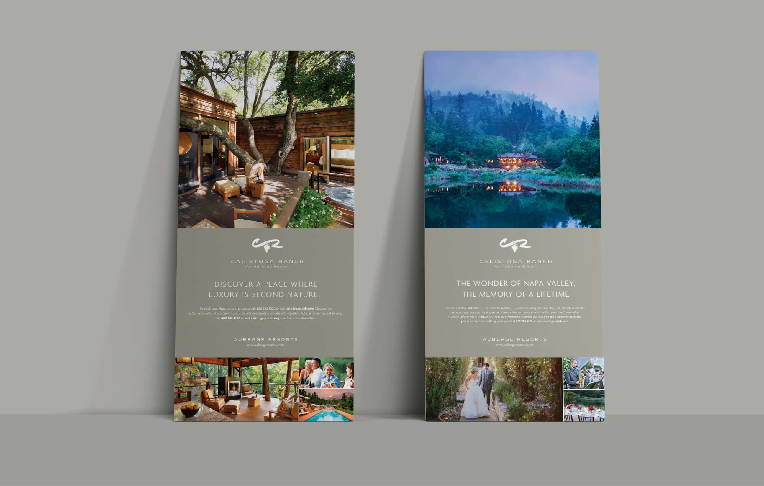 Two vertical banners displayed side by side. The left banner features a serene outdoor spa setting with the text 'Discover a place where luxury is second nature', and the right banner showcases a twilight scene over a water body with floating lights, captioned 'The wonder of Napa Valley, the memory of a lifetime'. Both have the 'Calistoga Ranch' logo and are branded as Auberge Resorts.