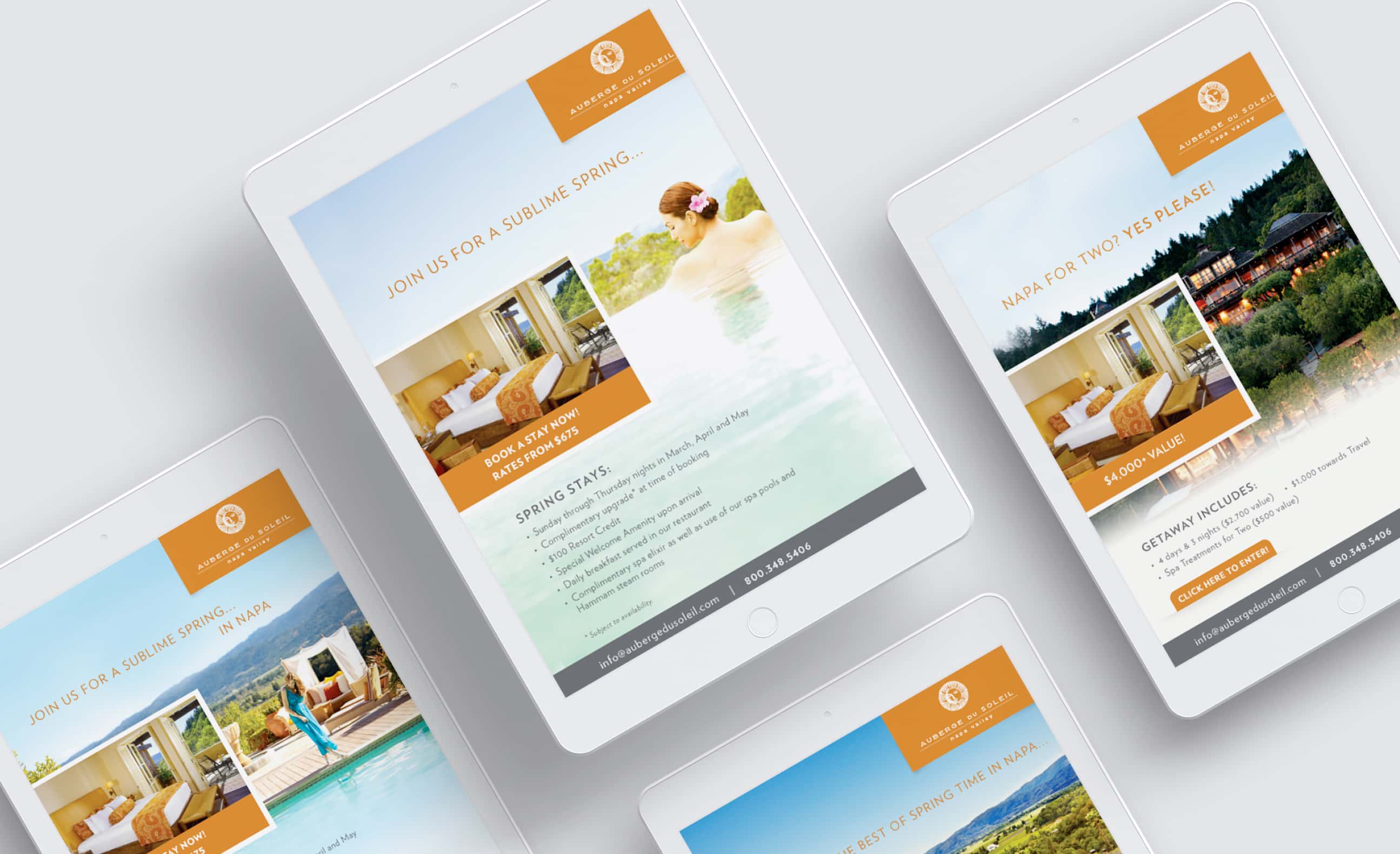 A tablet displaying multiple views of a promotional offer for a spring getaway at an Auberge resort, with text describing the package details and inviting viewers to 'Join us for a sublime spring'.