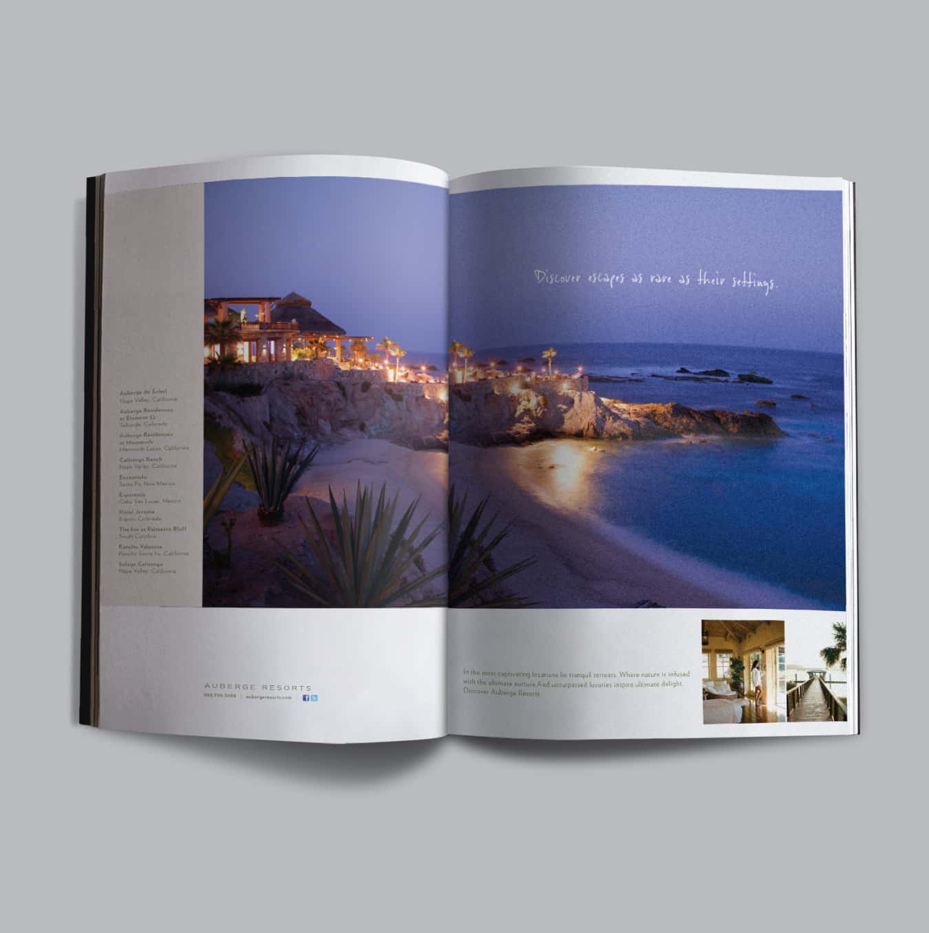 An open magazine spread with a night photo of a coastal resort on the left page and text detailing the experience on the right, captioned 'Ocean escape at an Auberge getaway'.