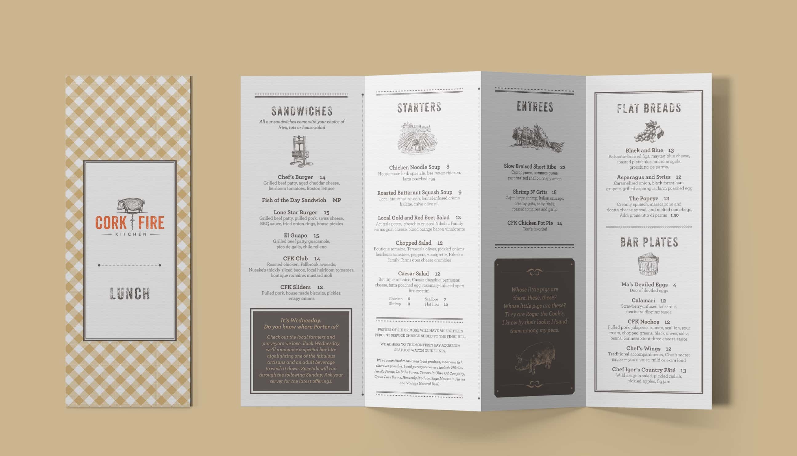 An open trifold menu for 'CORK & FIRE' restaurant, displaying various sections for sandwiches, starters, entrees, flatbreads, and bar plates, each with detailed descriptions and prices of the offerings, next to a lunch menu card with a checkered pattern.