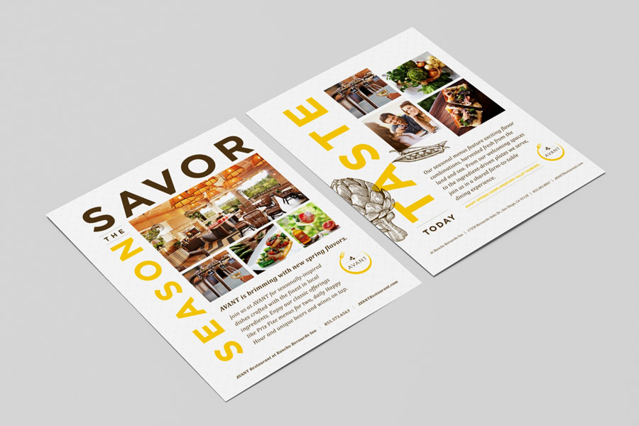 Promotional flyers for Avant restaurant with bold typography reading “Savor the Season” and “Taste Today,” featuring photos of dishes, chefs, and dining interiors.