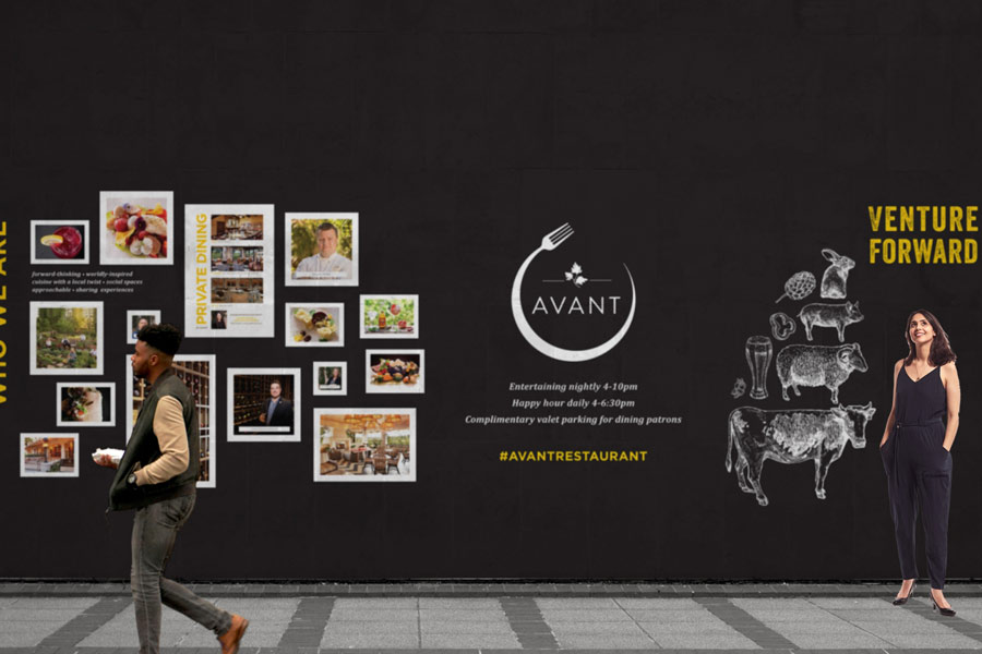 Restaurant branding wall mural for Avant featuring a fork logo, animal cut illustrations, photos of food and chefs, and text promoting private dining and happy hour, with pedestrians walking by