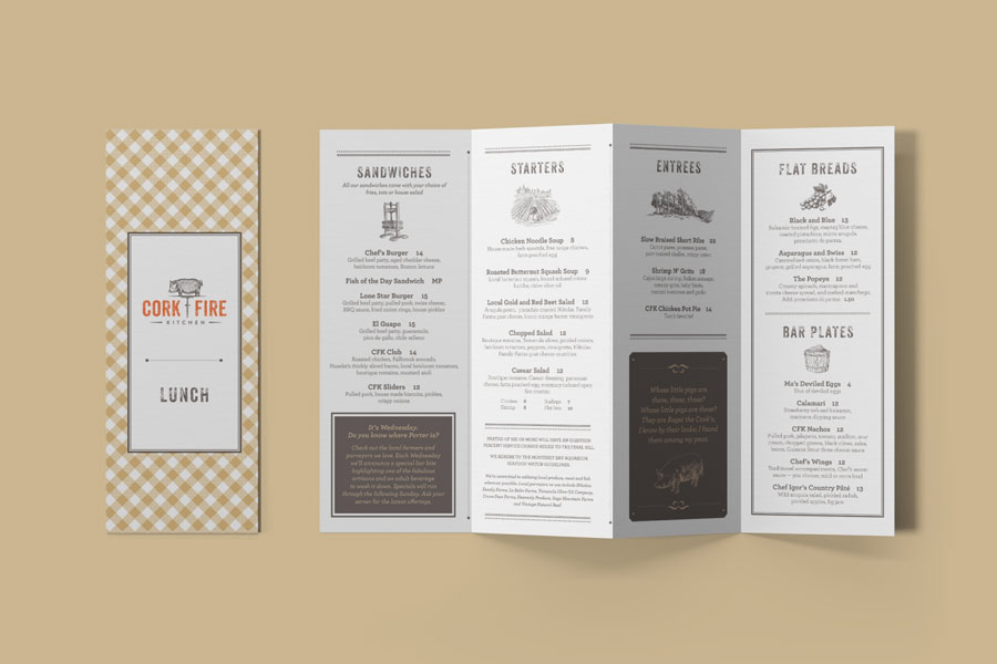 Folded lunch menu for Cork | Fire Kitchen with a tan gingham cover and inside pages listing sandwiches, starters, entrées, flatbreads, and bar plates, styled with vintage illustrations.