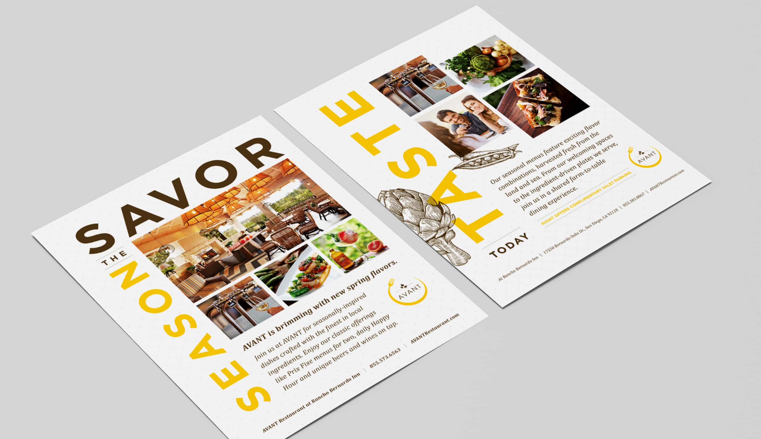 A laid out print advertisement or flyer for AVANT, featuring large text 'SAVOR' with images of the restaurant's interior, food, and patrons enjoying meals, and text inviting readers to experience dining and special offers.