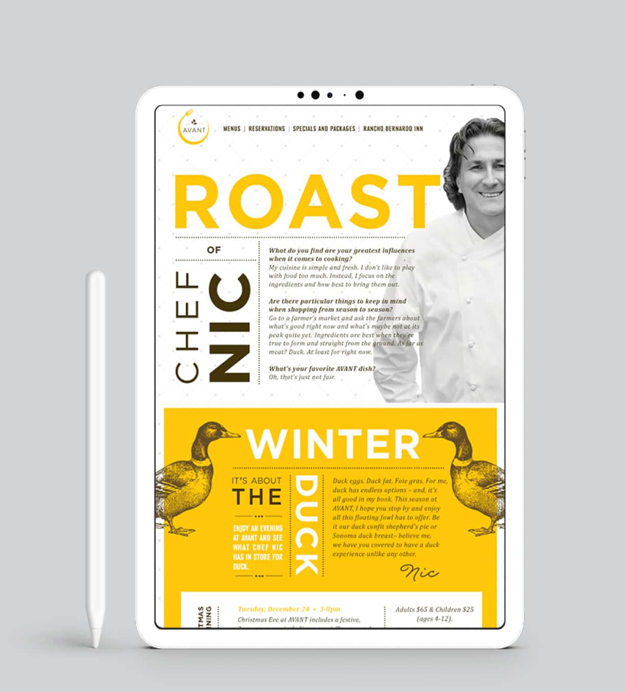 A digital tablet displaying a page titled 'ROAST' featuring the chef 'NIC' with winter recipes and promotional text for AVANT restaurant, including images of a duck, suggesting gourmet offerings.