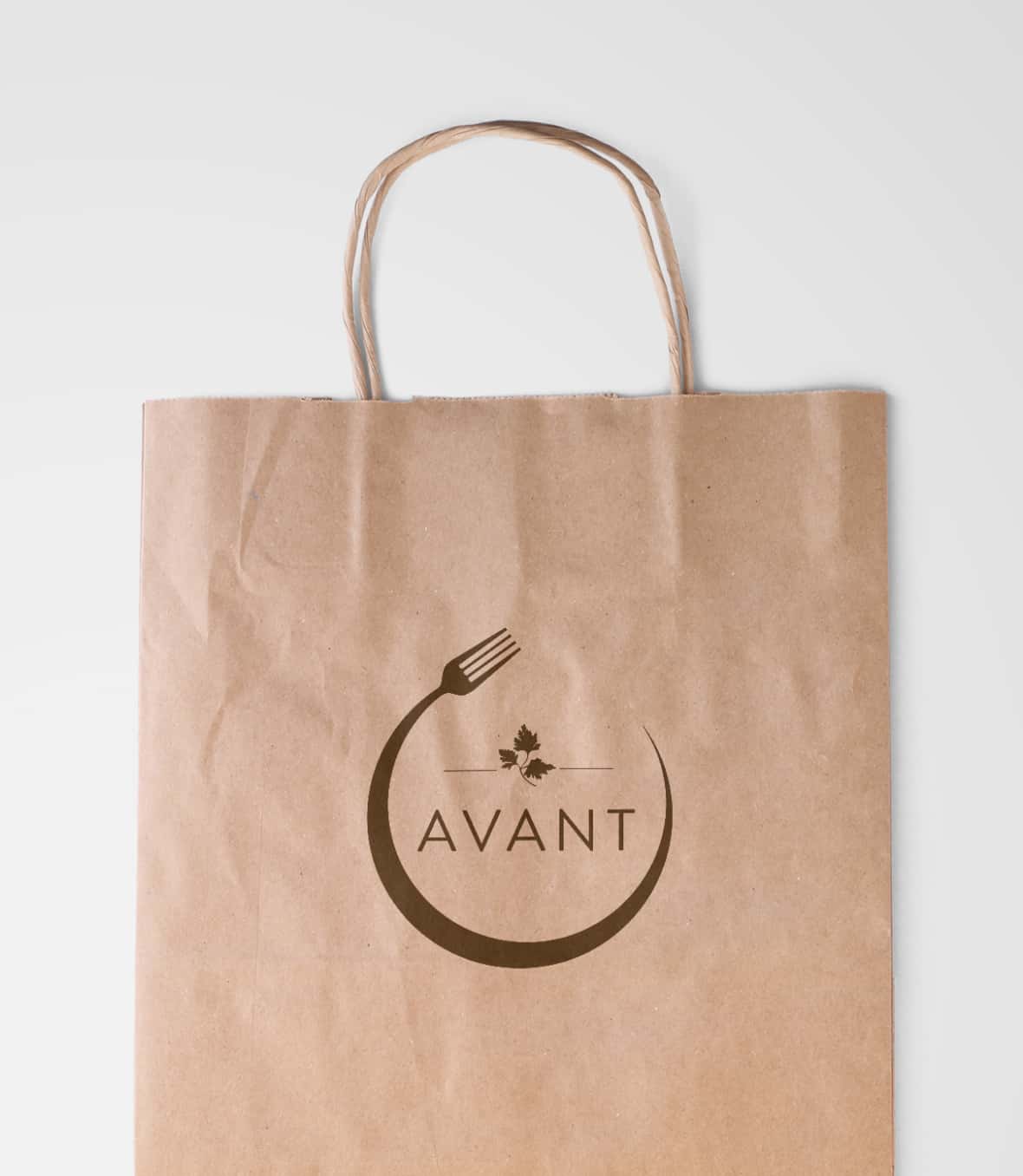 A paper take-out bag with the logo 'AVANT' printed on it.