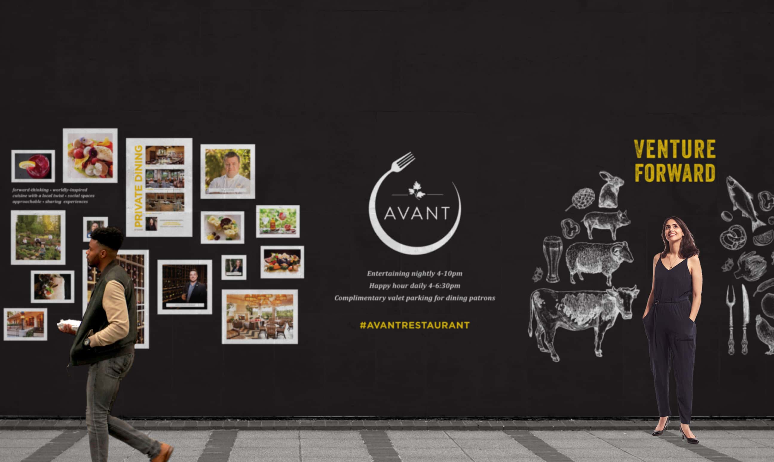 A mural on a wall featuring the AVANT logo and various food and animal illustrations with text 'VENTURE FORWARD' and a tagline 'Entertaining nightly, happy hour details, and complimentary valet parking,' with a woman and a man walking past.