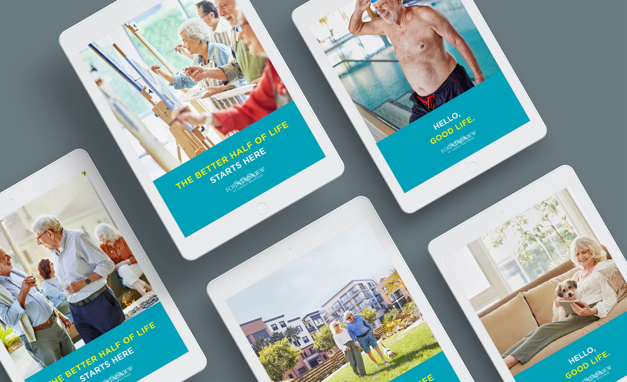 Three tablets arranged side by side, each displaying a different part of a retirement community's marketing material with slogans like 'THE BETTER HALF OF LIFE STARTS HERE' and images of senior activities and accommodations.