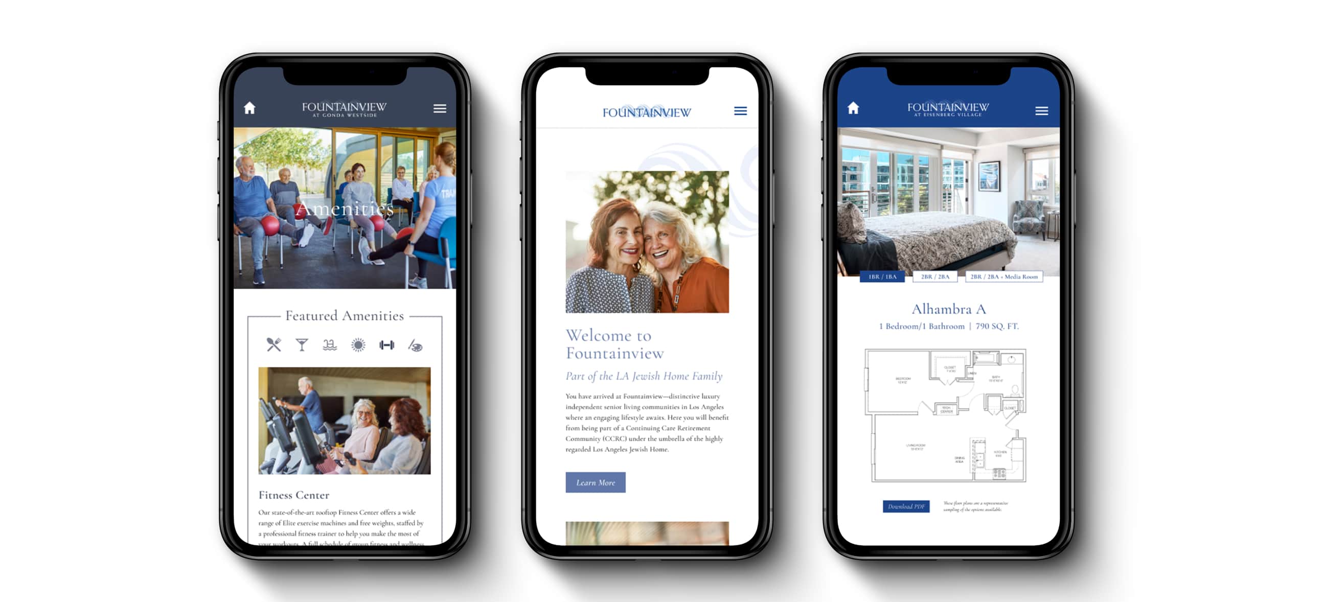 Three smartphones displaying different web pages of a retirement community's website, featuring amenities, a welcome message, and apartment floor plans.