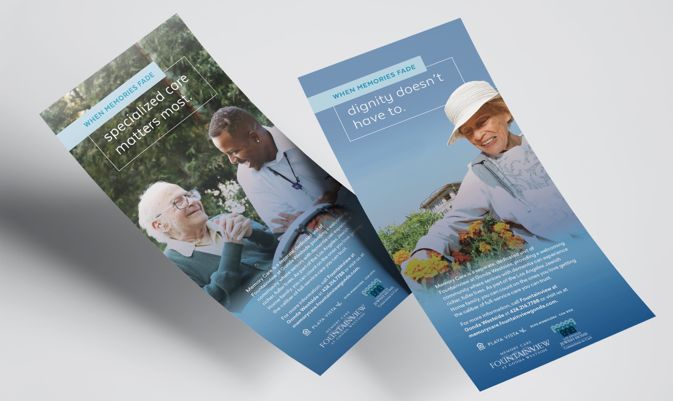 Two vertical brochures titled 'WHEN MEMORIES FADE,' one depicting a caring moment between a healthcare worker and an elderly man, and the other showing an elderly woman smiling with a garden in the background, both emphasizing dignified care.