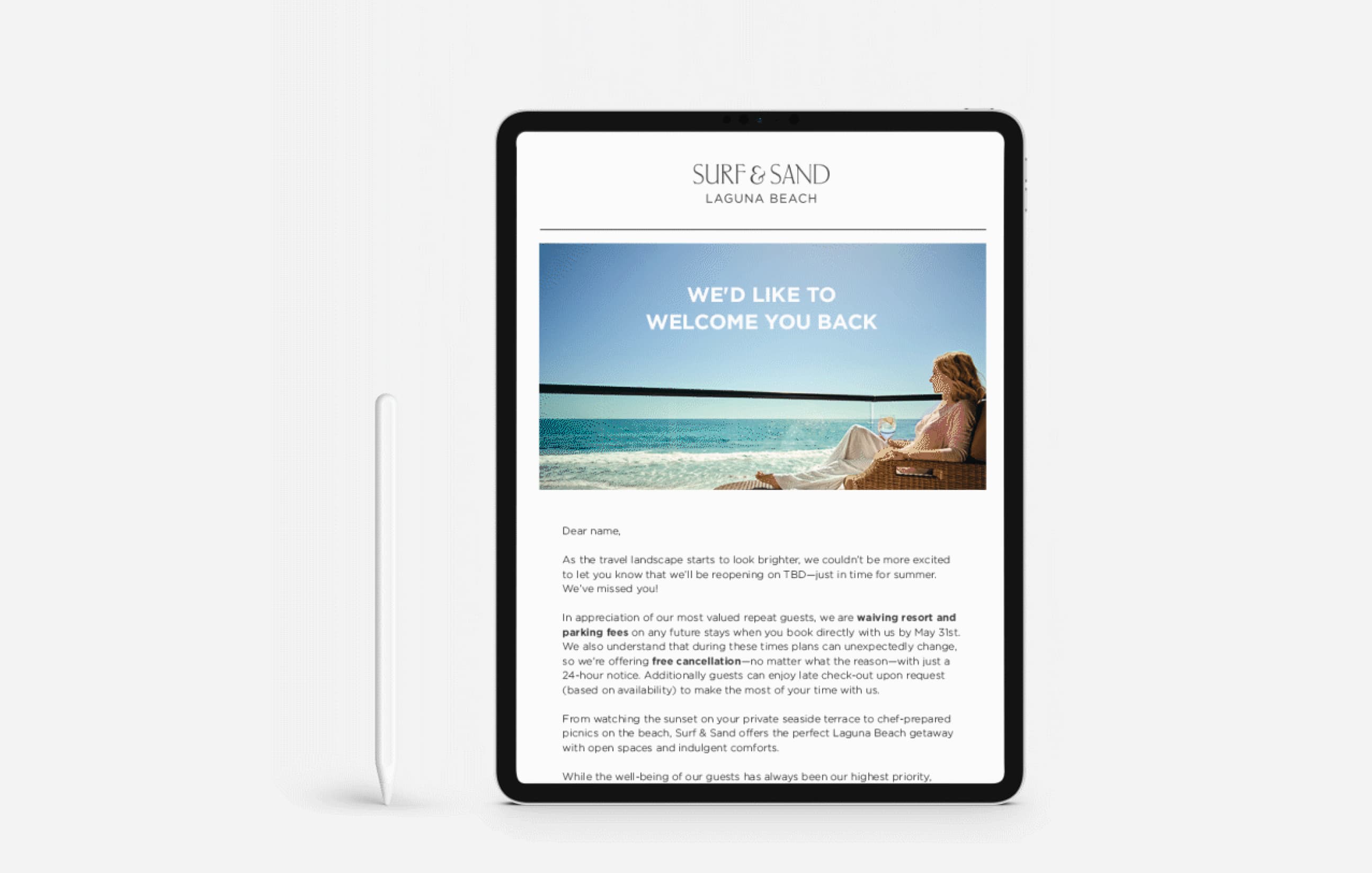 Surf & Sand email campaign displayed on an iPad 