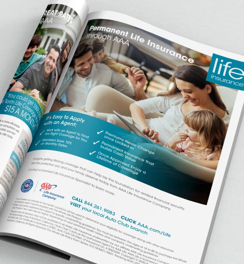 A life insurance ad placed within a magazine for AAA